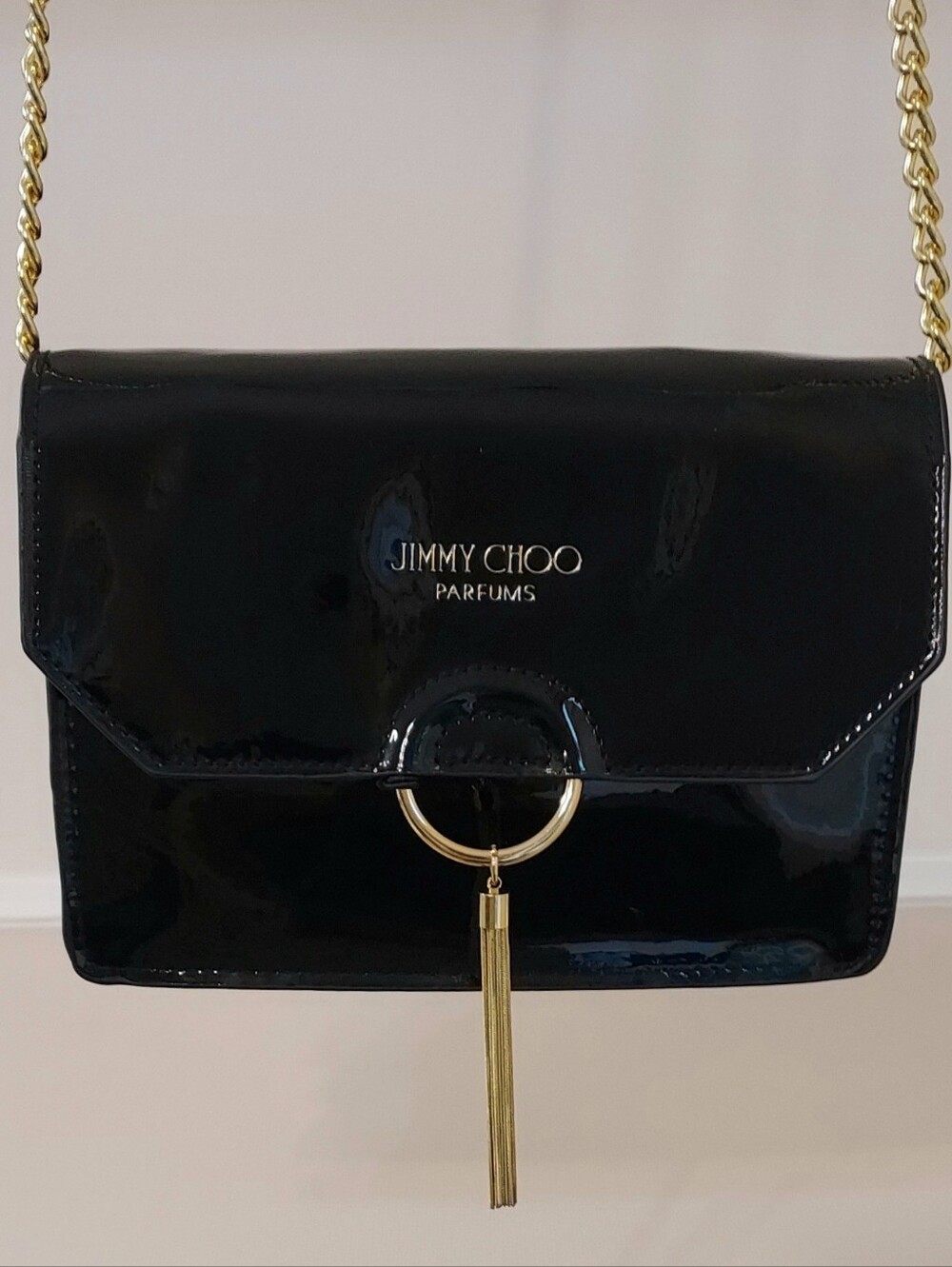 Jimmy Choo Black Patent Leather Crossbody with Gold Chain and Tassel Ring NWT